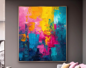 Hand-Painted Colorful Abstract Artwork On Canvas, Modern Multicolor Tones For Fancy Room, Extra Large Vertical Wall Decor Gift, Bedroom Deco