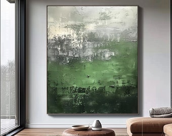 Minimalist Heavy Green Texture Abstract Painting For Bedroom , Modern Green & Grey Canvas Wall Art, Large Aesthetic Dark Green Painting