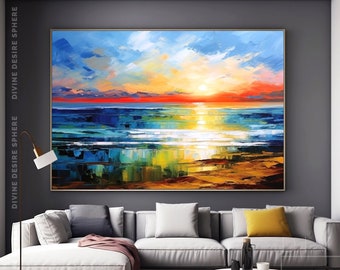 Oversized Amazing Sunrise Seascape Canvas Wall Art, Original Colorful Panoramic Abstract Art On Canvas, Yellow Sunset Abstract Canvas Gifts