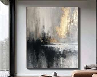 Minimalist Grey & Black Canvas Artwork On Canvas, Modern Had-Painted Black Decor, Luxury Gray Landscape Wall Painting, Trending Abstracts