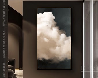 Art mural minimaliste moderne sur toile nuage, peinture sur toile beige et noire, grande déco murale nuage tendance, peinture nuage ciel beige émeraude
