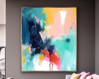 Unique Colorful Canvas Painting Bathroom Area, Contemporary Art For Modern Deco, Blue Oversized Canvas Art, Large Interior painting For Home