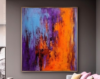 Hand-Painted Orange & Purple Wall Art, Modern Art With Blue Pink, Modern Bold Palette Knife Texture On Canvas, Large Wall Art Decor For Room