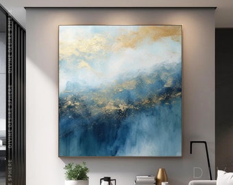 Modernes blaues abstraktes Ölgemälde für Zimmer, strukturiertes Blattgold Acrylkunst, handgemalte blaue abstrakte Leinwandkunst, übergroßes Wohndekorgeschenk