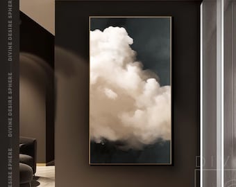 Unique Beige Cloud Abstract Artwork, Professional Acrylic Canvas Painting, Black Minimalist Wall Art Decor, Fancy Night Sky Art For Room