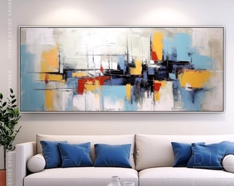 Extra Large Colorful Long Slim Abstract Art, Modern Texture Canvas Wall Art Blue Yellow, Modern Palette Knife Artwork For Living Room