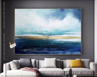 Original Large Sea Landscape Art, Textured Blue Ocean & Sky Abstract Painting, Large Blue Wall Abstract Art, White Cloud Painting For Room