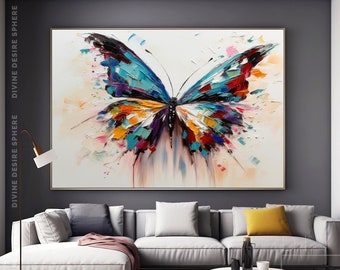 May include: A large, rectangular canvas art piece featuring a colorful butterfly with a textured, abstract design. The butterfly's wings display shades of blue, orange, red, and purple. The artwork is unframed and labeled "ROLLED CANVAS | 100% ORIGINAL | UNFRAMED ART".