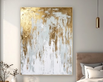 Fancy goud en wit kunstwerk voor thuis, bladgoud canvas kunst aan de muur, moderne gouden abstracte wanddecoratie met zilveren tintje, moderne esthetiek