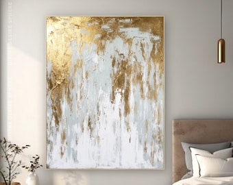 Ausgefallenes Gold-Weiß-Kunstwerk für Zuhause, Blattgold-Leinwandkunst, moderne goldene abstrakte Wanddekoration mit silbernem Touch, moderne Ästhetik