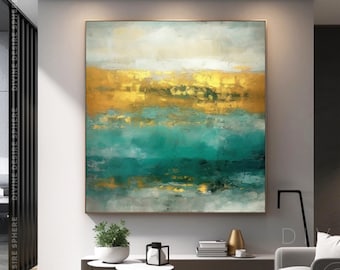 Extra Large Teal Lake Canvas Painting, Original Handmade Teal & Gold Artwork With Yellow Textured, Modern Minimalist Bedroom Decor