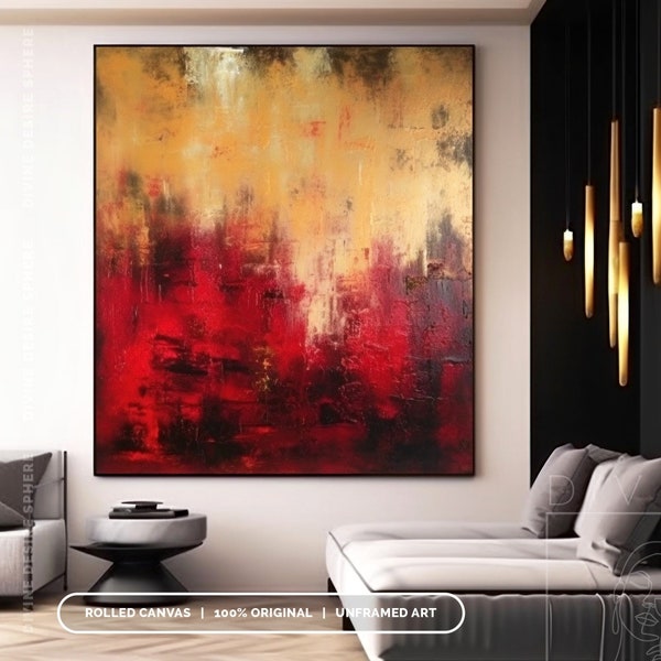Gran pintura abstracta original de textura roja y dorada, decoración de pared dorada y roja, arte minimalista de la pared, obras de arte acrílicas texturizadas sobre lienzo