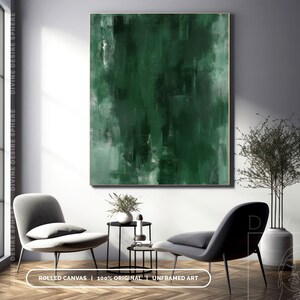 May include: Abstract painting in shades of green, with visible brushstrokes and textures. The artwork is unframed and features the text "ROLLED CANVAS | 100% ORIGINAL | UNFRAMED ART". The painting is designed to be hung on a wall.