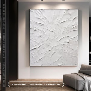 Große Weiße Abstrakte Malerei Auf Leinwand, Weiße Strukturierte Wandkunst, 3D Strukturierte Weiße Wand, Einzigartige Original Kunst, Weiße Gipsmalerei