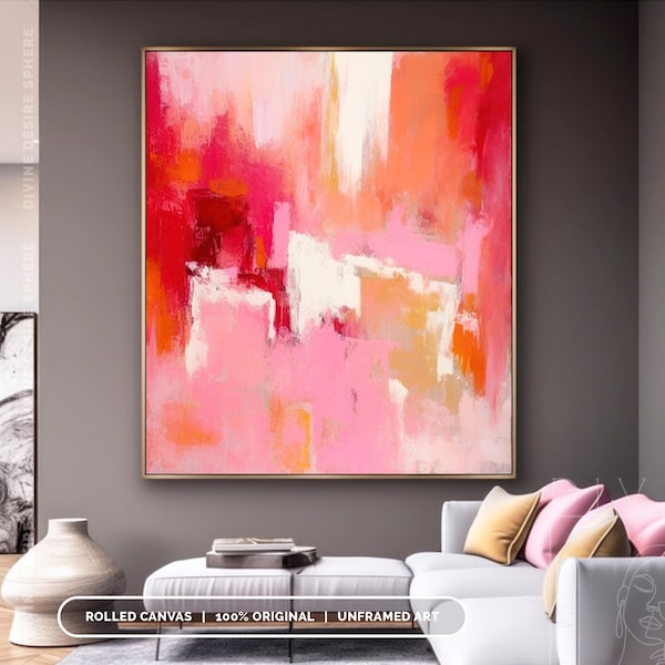 Original Handmade Hot Pink Canvas Wall Decoration, Minimal Pink Texture Painting For Spiritual Room, Fancy Artwork Orange & Red