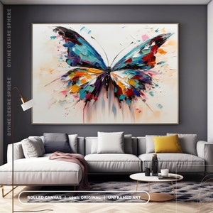 Oversized vlinderschilderij op doek, minimalistische abstracte vlinder getextureerde kunst, mooie kleurrijke dierenmuurdecoratie, vlinderwoonkamer