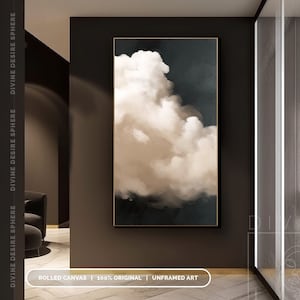 Minimal Modern Cloud Canvas Wall Art, Beige & Black Painting On Canvas, Large Trending Cloud Wall Deco, Emerald Beige Sky Cloud Painting