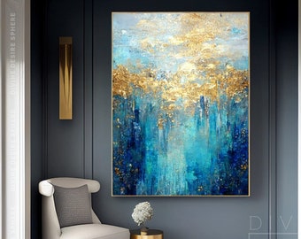 Original Luxurious Blue & Gold Foil Artwork On Canvas, Shiny Gold With Dark Navy Blue Abstract Decor, Oversized Gold Room Canvas Artwork