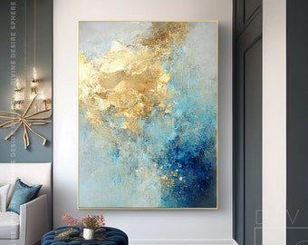 Extra Large Golden Palette Knife Artwork On Canvas, Navy Blue Painting With Gold Leaf, Luxury Theme Canvas Wall Decor, Customize Wall Gifts