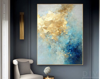 Original Blue Gold Leaf Abstract Painting, Large Gold Palette Knife Wall Art, Handmade Textured Blue & Gold Artwork, Living Room Decor