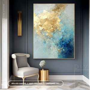 Original Blue Gold Leaf Abstract Painting, Large Gold Palette Knife Wall Art, Handmade Textured Blue & Gold Artwork, Living Room Decor