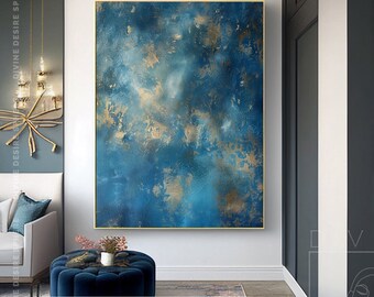 Unique Hand-Painted Navy Blue Texture On Canvas, Custom Original Gold Bronze Wall Art Decor, Minimalist Wall Art Blue Gold, Boho Wall Decor