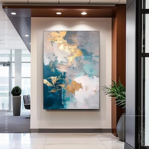 Vertikales Türkisblau & Goldwandkunst, extragroßes langes Kunstwerk mit Goldtextur, Original-Türkisblau-Dekorationsgeschenk, Schlafzimmer-Küstenmalerei
