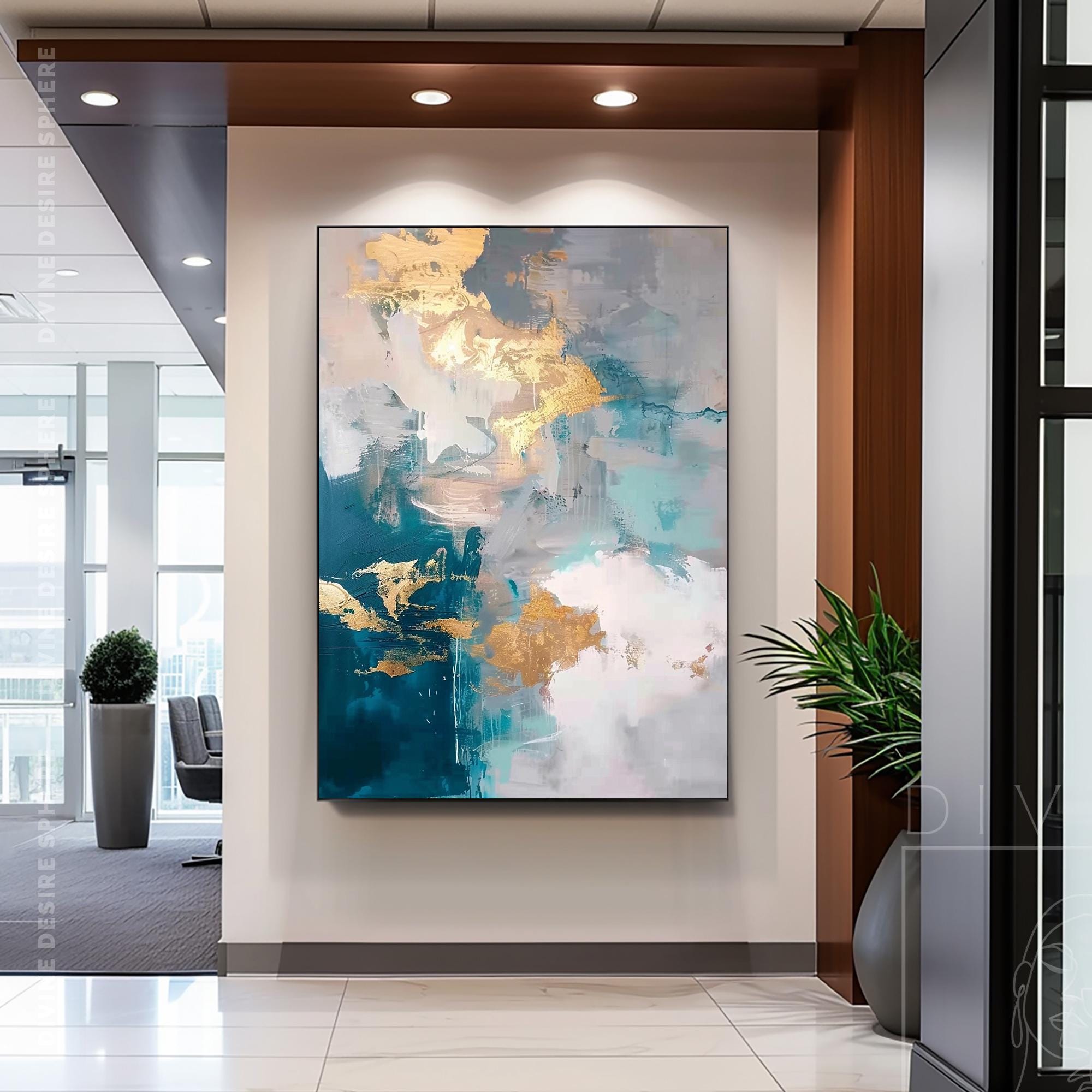Vertical Turquoise Blue & Gold Wall Art, Extra Large Long Gold texture Artwork, Original Teal Blue Decoration Gift, Bedroom Coastal Painting