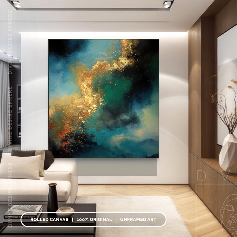 May include: Abstract canvas art with a vibrant mix of teal, emerald green, and gold. The artwork features a dynamic composition with swirling brushstrokes and a textured appearance. The text "ROLLED CANVAS | 100% ORIGINAL | UNFRAMED ART" is visible.