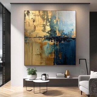 Quadro Astratto Blu Dipinto A Mani Su Tela, Arte Da Parete 91x122 Cm, Decorazione Moderna Per Soggiorno