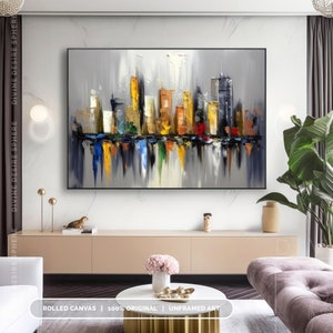 Decoración de pared original de paisaje urbano de Nueva York, paisaje urbano gris con textura 3D, arte urbano moderno hecho a mano para dormitorio y sala de estar, arte del horizonte de la ciudad imagen 9