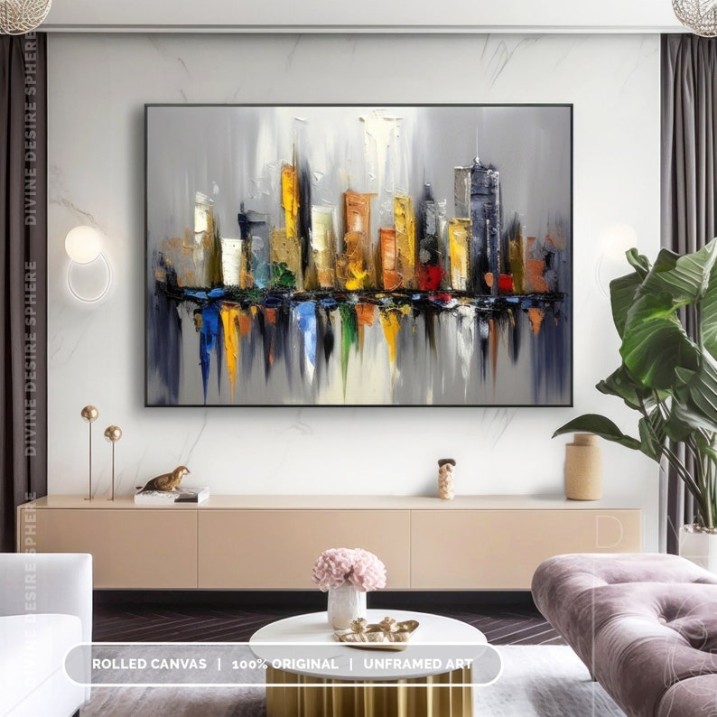 Decoración de pared original de paisaje urbano de Nueva York, paisaje urbano gris con textura 3D, arte urbano moderno hecho a mano para dormitorio y sala de estar, arte del horizonte de la ciudad imagen 9