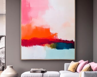 Arte mural abstracto moderno vertical de gran tamaño y colorido, pintura moderna naranja y rosa sobre lienzo, obra de arte mural al óleo brillante de gran tamaño, arte mural bohemio.