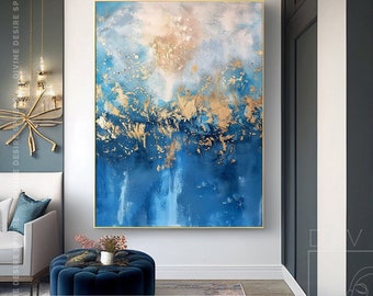 Opere d'arte da parete verticali di lusso blu e dorate su tela, pittura con cielo blu dipinta a mano su tela, pittura a olio in foglia d'oro per la camera da letto principale