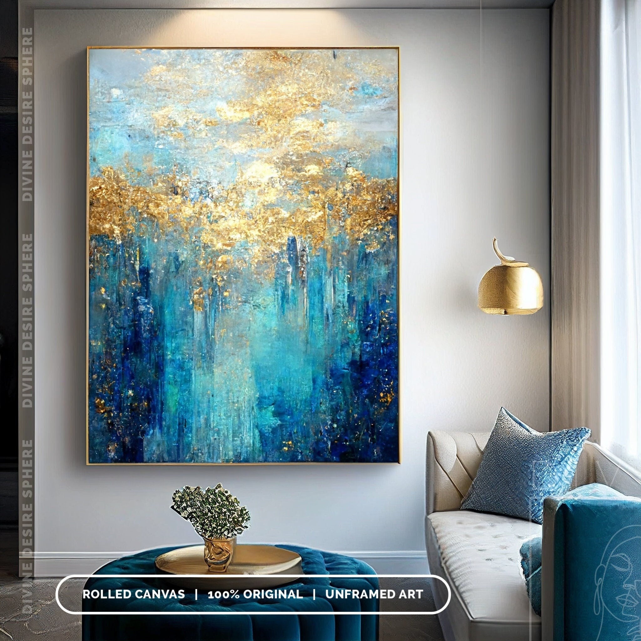Abstract Daad Original Luxurious Blue & Gold Foil Artwork on Canvas, Shiny Gold With ...
