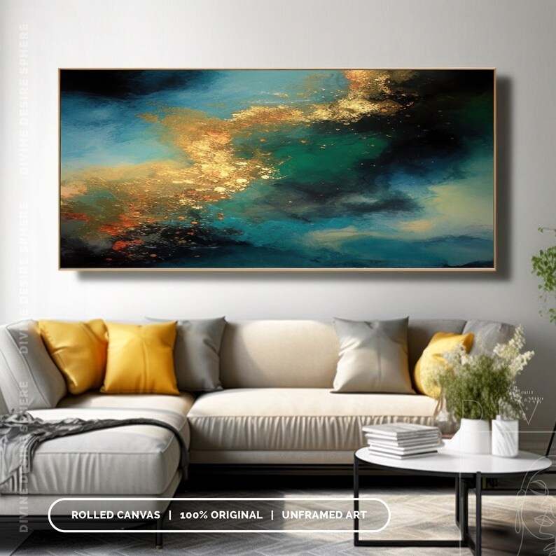 Extra Large Gold & Blue Abstract Canvas Art, Gold Leaf Wall Art With Touch Of Blue, Blue Painting For Wall Hanging, Modern Living Room Art image 6