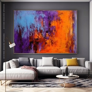 Hand-Painted Orange & Purple Wall Art, Modern Art With Blue Pink, Modern Bold Palette Knife Texture On Canvas, Large Wall Art Decor For Room imagen 7