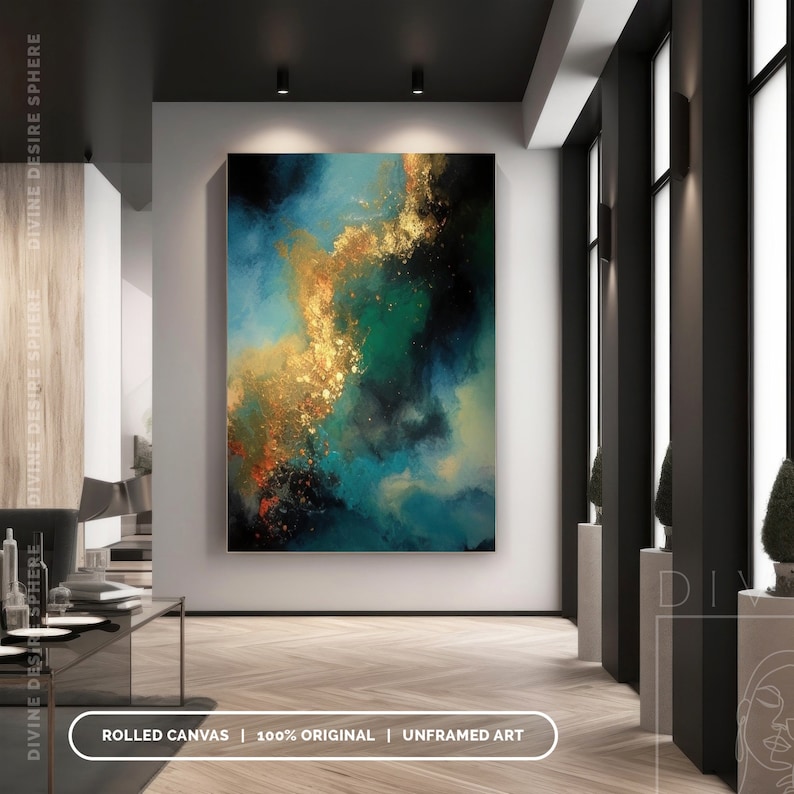 Extra Large Gold & Blue Abstract Canvas Art, Gold Leaf Wall Art With Touch Of Blue, Blue Painting For Wall Hanging, Modern Living Room Art image 10