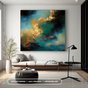 Extra Large Gold & Blue Abstract Canvas Art, Gold Leaf Wall Art With Touch Of Blue, Blue Painting For Wall Hanging, Modern Living Room Art image 4