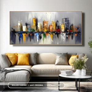 Decoración de pared original de paisaje urbano de Nueva York, paisaje urbano gris con textura 3D, arte urbano moderno hecho a mano para dormitorio y sala de estar, arte del horizonte de la ciudad imagen 6