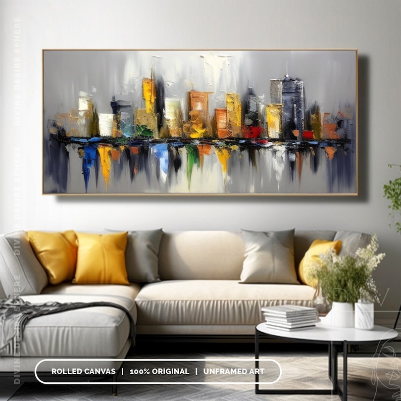 Decoración de pared original de paisaje urbano de Nueva York, paisaje urbano gris con textura 3D, arte urbano moderno hecho a mano para dormitorio y sala de estar, arte del horizonte de la ciudad imagen 6