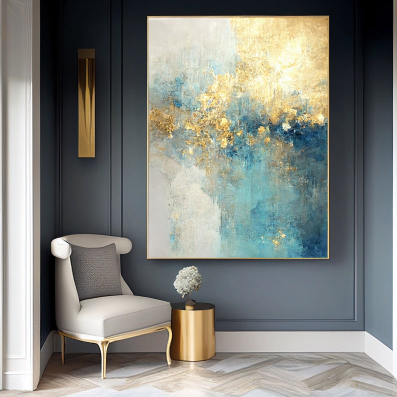 Large Modern Blue and Gold Abstract Wall Art Gold and Blue Etsy