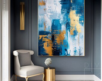 Unique Handmade Canvas Art Blue Gold, Modern Golden Palette Abstraction Decor, Contemporary Perfect For Kitchen Area, Boho Room Gifts