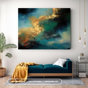 Extra Large Gold & Blue Abstract Canvas Art, Gold Leaf Wall Art With Touch Of Blue, Blue Painting For Wall Hanging, Modern Living Room Art image 3