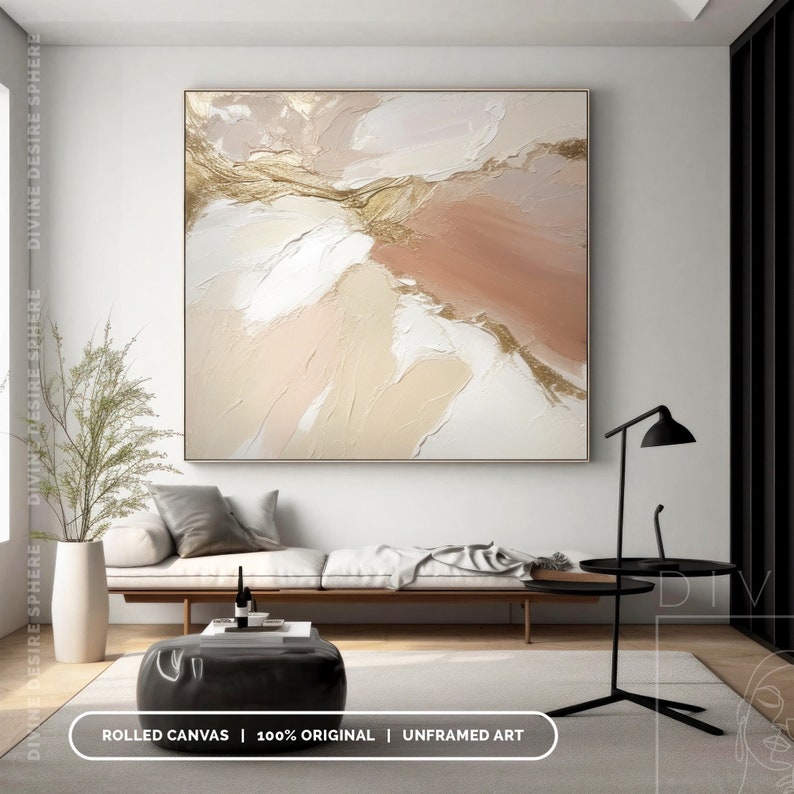 Extra Large Beige Abstract Canvas Art, Original 3D Texture Earth Tone Painting, Neutral Beige And Gold Leaf Wall Art For Living Room image 10