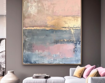 Large Neutral Tones On Canvas, Unique Modern Pink & Gold Painting For Romantic Theme, Simple Light Pinkish Decor Ideas, Custom Area Art