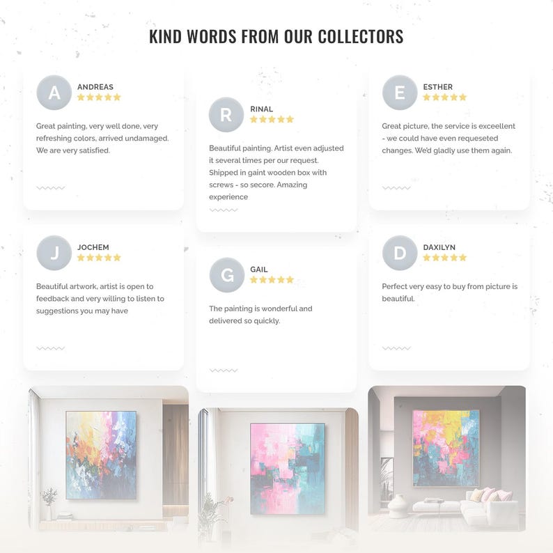 Puede incluir: Imagen que muestra testimonios de clientes sobre obras de arte. El texto dice "Kind Words From Our Collectors". Los testimonios incluyen comentarios positivos sobre las pinturas, el servicio y la capacidad de respuesta del artista. Tambi&eacute;n se muestran ejemplos de la obra de arte.
