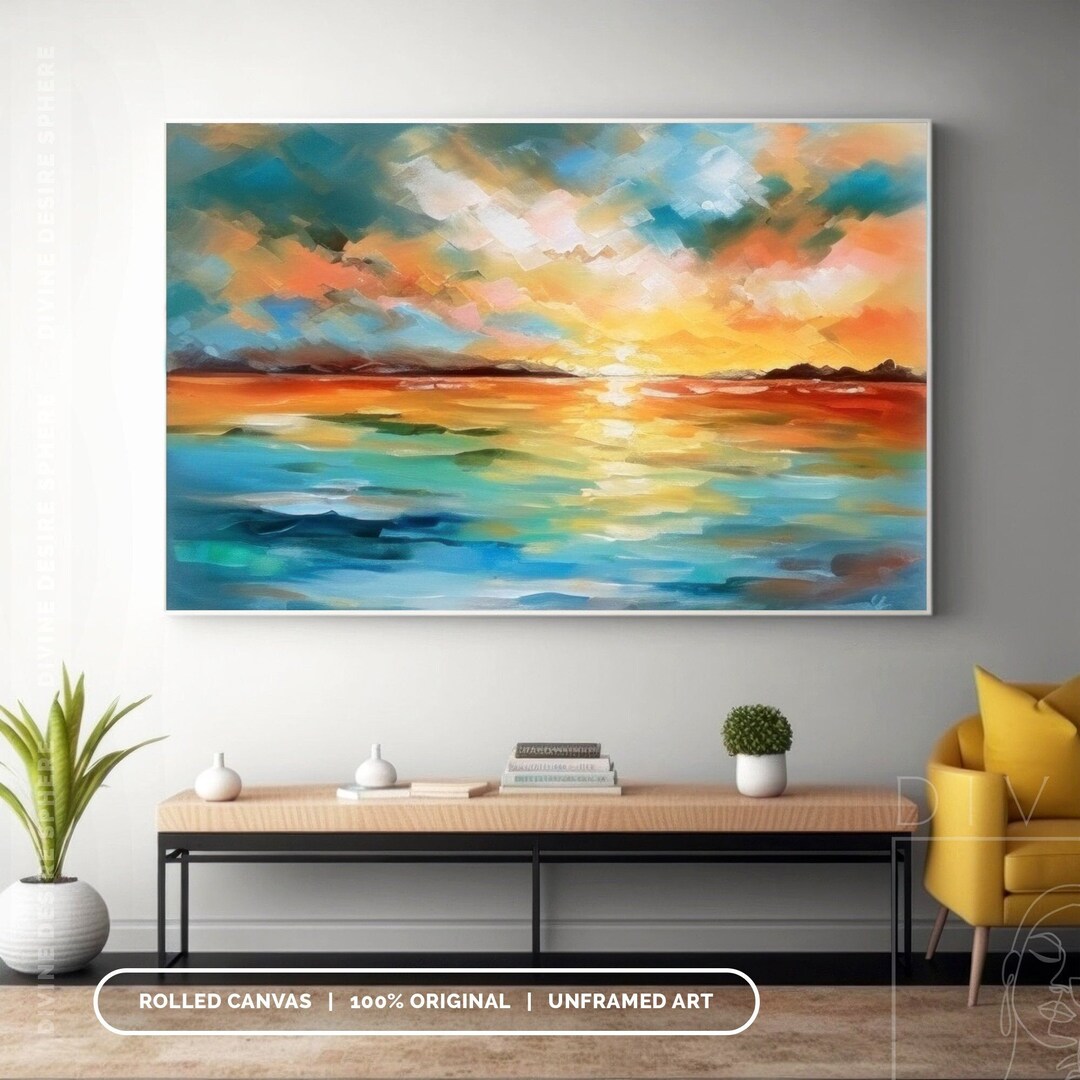 Original Colorful Seascape Painting on Canvas, Beautiful Sunrise ...