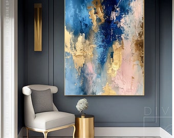 Art bleu marine et or avec rose clair, cadeaux de décoration murale de luxe dorés, oeuvre d'art texturée épaisse peinte à la main sur toile, oeuvre d'art de palette de couteaux