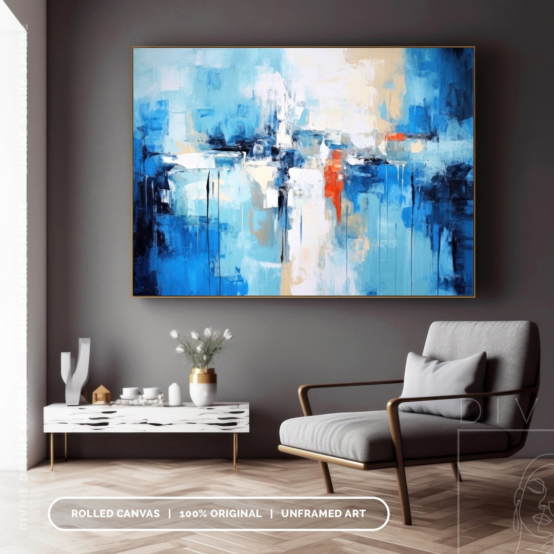 Extra Large Blue Abstract Canvas Wall Art, Colorful Palette Knife Oil